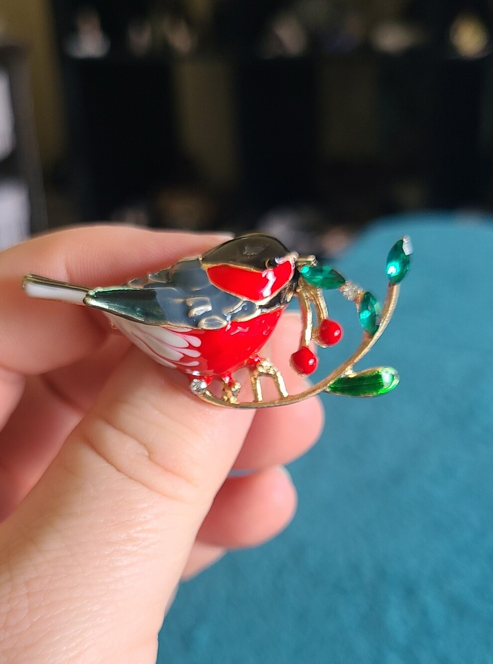 Vintage Red and Green Enamel Songbird Brooch